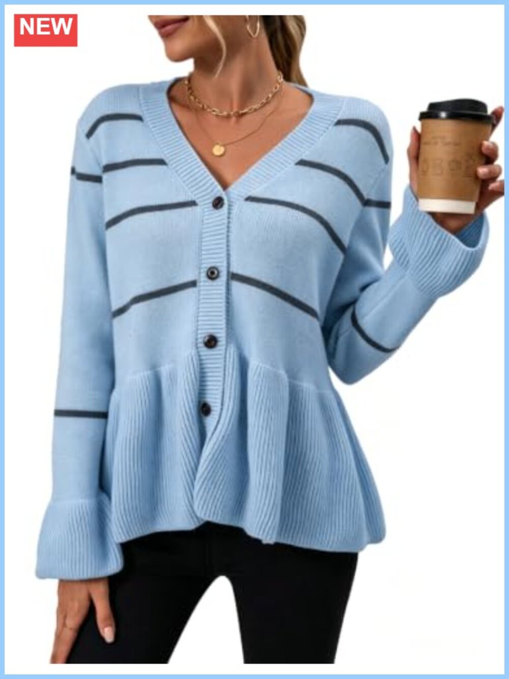 Women's Striped V-Neck Button Front Knit Cardigan Ruffle Flared Hem